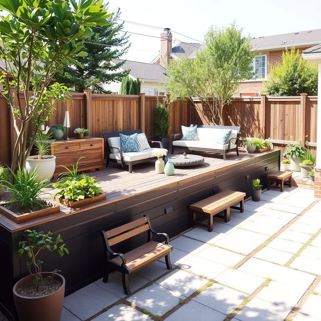 Backyard Seating Area Ideas for Small and Large Outdoor Spaces: 7. Multi‑Level Lounge with Integrated Planters - On expansive yards, a tiered lounge creates visual interest while offering multiple seating heights. Build a two‑step platform using a combination of weathered steel framing and reclaimed hardwood decking. The lower level holds a deep