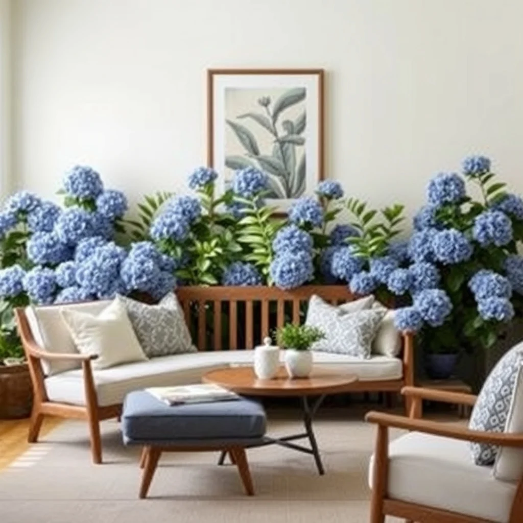 Blue Flower Garden Ideas for a Beautiful and Calming Spring Landscape interior: 2. Layer Height with Tall Blue Hydrangeas Behind Seating Areas - When a garden includes a bench or a small patio set, positioning tall blue hydrangeas (Hydrangea macrophylla ‘Blaue Eleganz’) just behind the furniture creates a natural backdrop that feels both intimate and expansive. The large,
