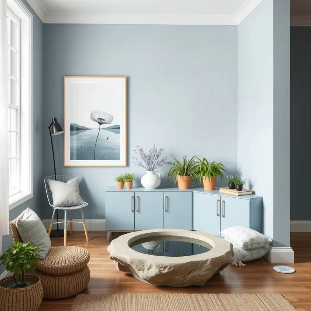 Blue Flower Garden Ideas for a Beautiful and Calming Spring Landscape interior: 3. Introduce Blue‑Tinted Water Features for Subtle Reflection - A modest water feature, such as a shallow stone basin painted in a muted teal, adds a reflective surface that doubles the garden’s colour depth. The gentle ripple of water catches the sky and surrounding