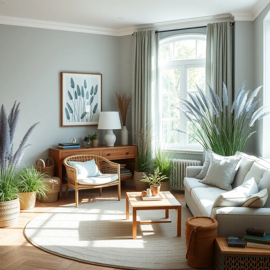 Blue Flower Garden Ideas for a Beautiful and Calming Spring Landscape interior: 4. Use Blue‑Hued Ornamental Grasses to Add Movement - Ornamental grasses like Japanese forest grass (Hakonechloa macra ‘Aureola’) with its blue‑green foliage introduce a soft swaying motion that contrasts nicely with static flower heads. When planted in groups of three to five, the grasses