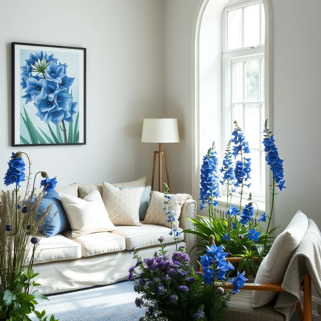 Blue Flower Garden Ideas for a Beautiful and Calming Spring Landscape interior: 6. Combine Blue Flowers with Neutral Foliage for Balance - Pairing striking blue blossoms with plants that display neutral foliage prevents the garden from feeling monochromatic. For example, planting blue delphiniums (Delphinium ‘Blue Bird’) alongside silver‑leafed artemisia creates a contrast where the foliage acts as