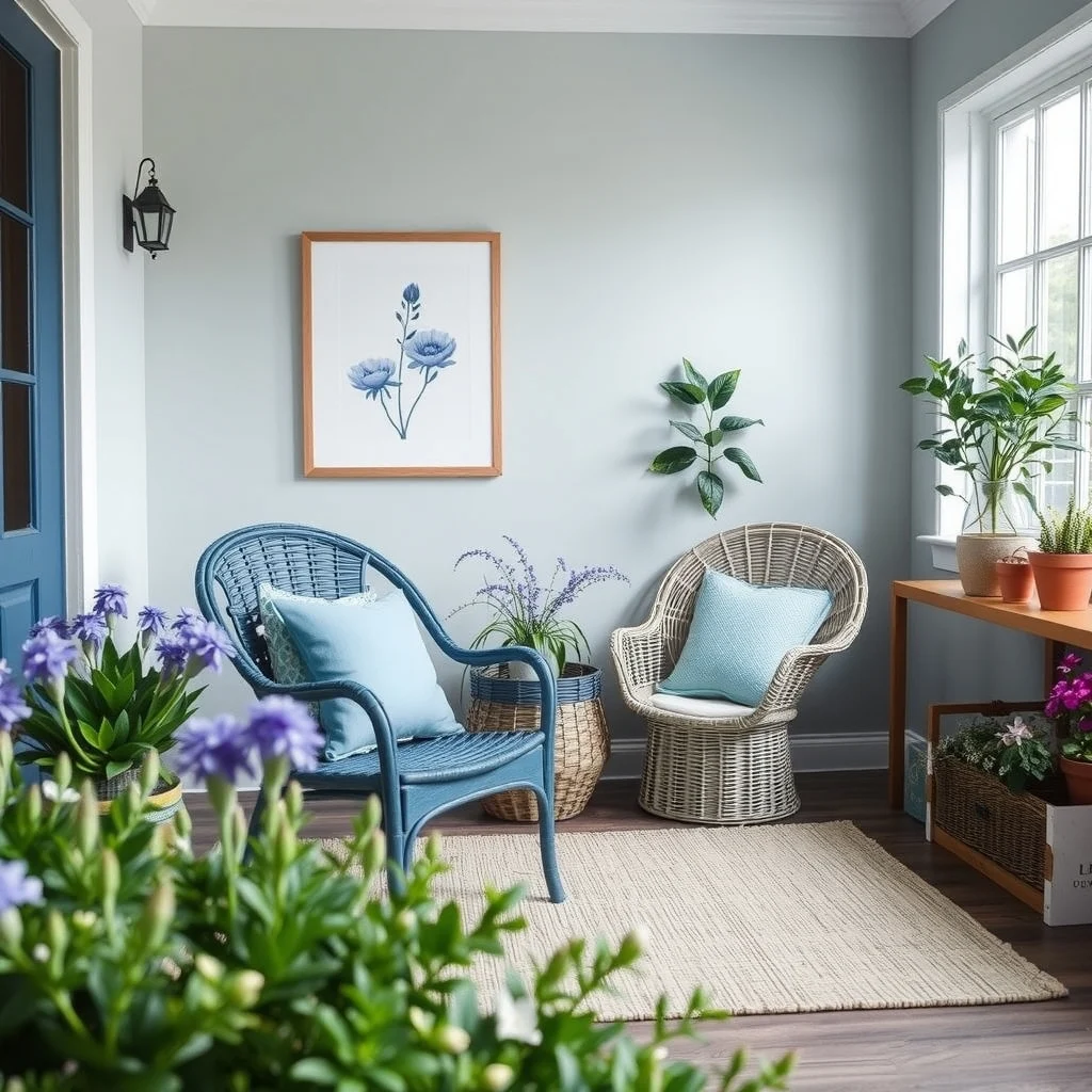 Blue Flower Garden Ideas for a Beautiful and Calming Spring Landscape interior: 7. Integrate Comfortable Seating with Blue Accents - To make the garden feel lived‑in, incorporate seating that echoes the colour palette. A weather‑resistant wicker chair painted in a muted indigo, paired with a cushion in a soft periwinkle, invites lingering without clashing with