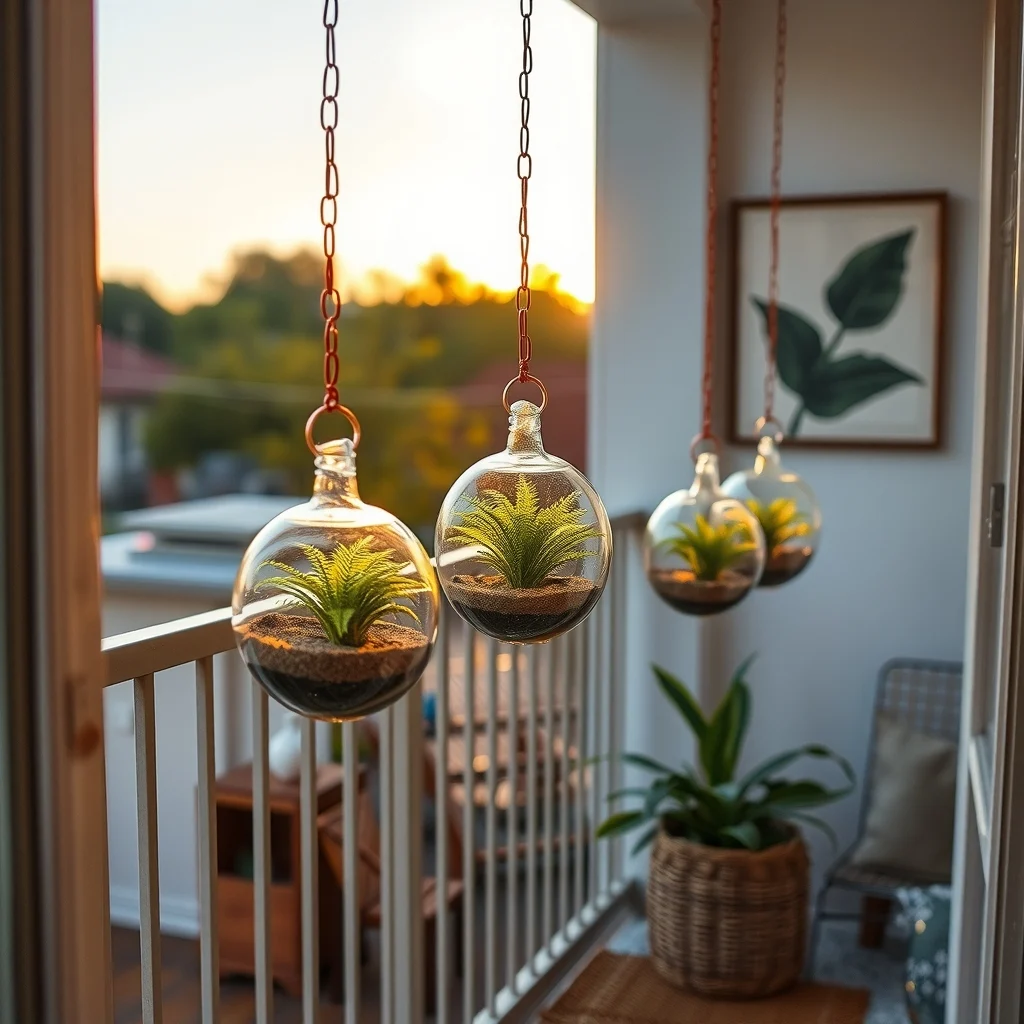 Boho balcony with copper hooks suspending clear glass terrariums each shows layered sand charcoal soil and bright ferns catching golden sunset light creating a floating garden vignette medium shot