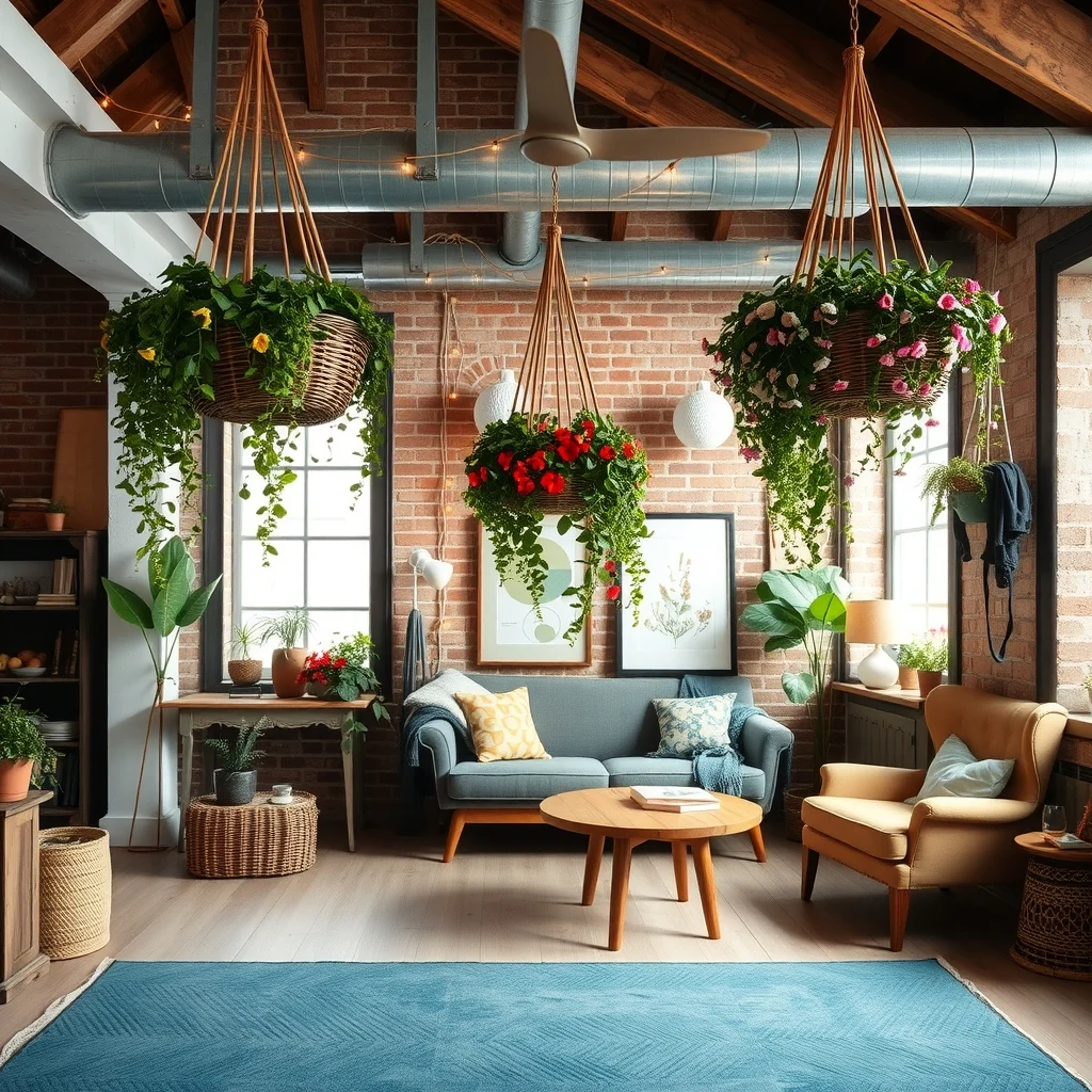 Boho loft featuring hanging willow baskets brimming with trailing petunias and sweet peas exposed brick wall reclaimed pine beams amber string lights deep teal rug beneath