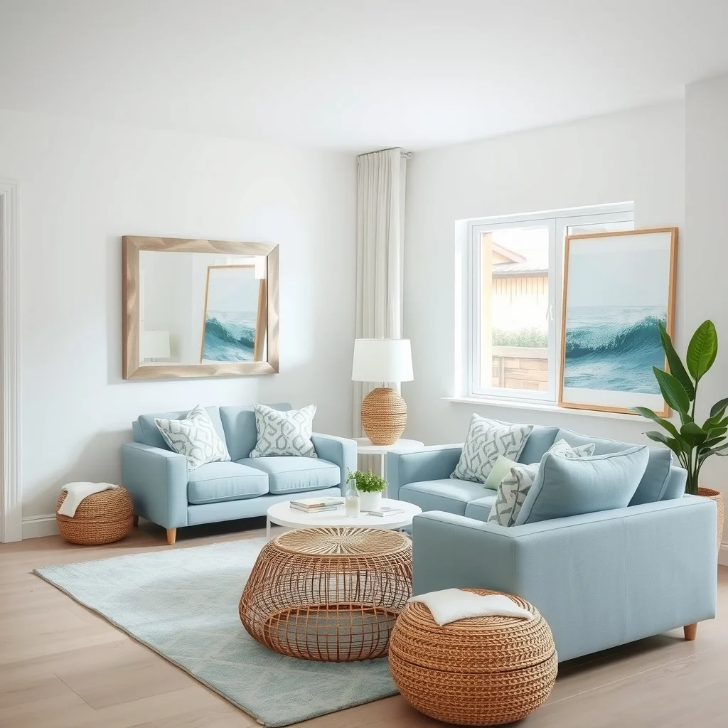 Bright coastal living room medium-sized brushed nickel mirror placed opposite large window reflecting daylight onto pale blue sofa sea foam rug natural rattan lamp abstract ocean wave artwork
