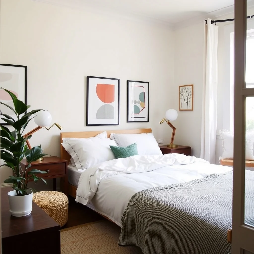 Budget-Friendly Guest Bedroom Ideas for Visitors interior: 6. Add Personal Touches without Overspending - Small details make a guest feel considered. Frame a of inexpensive art prints—perhaps abstract shapes in muted hues—that echo the room’s color scheme. A modest potted plant, such as a pothos or snake plant,