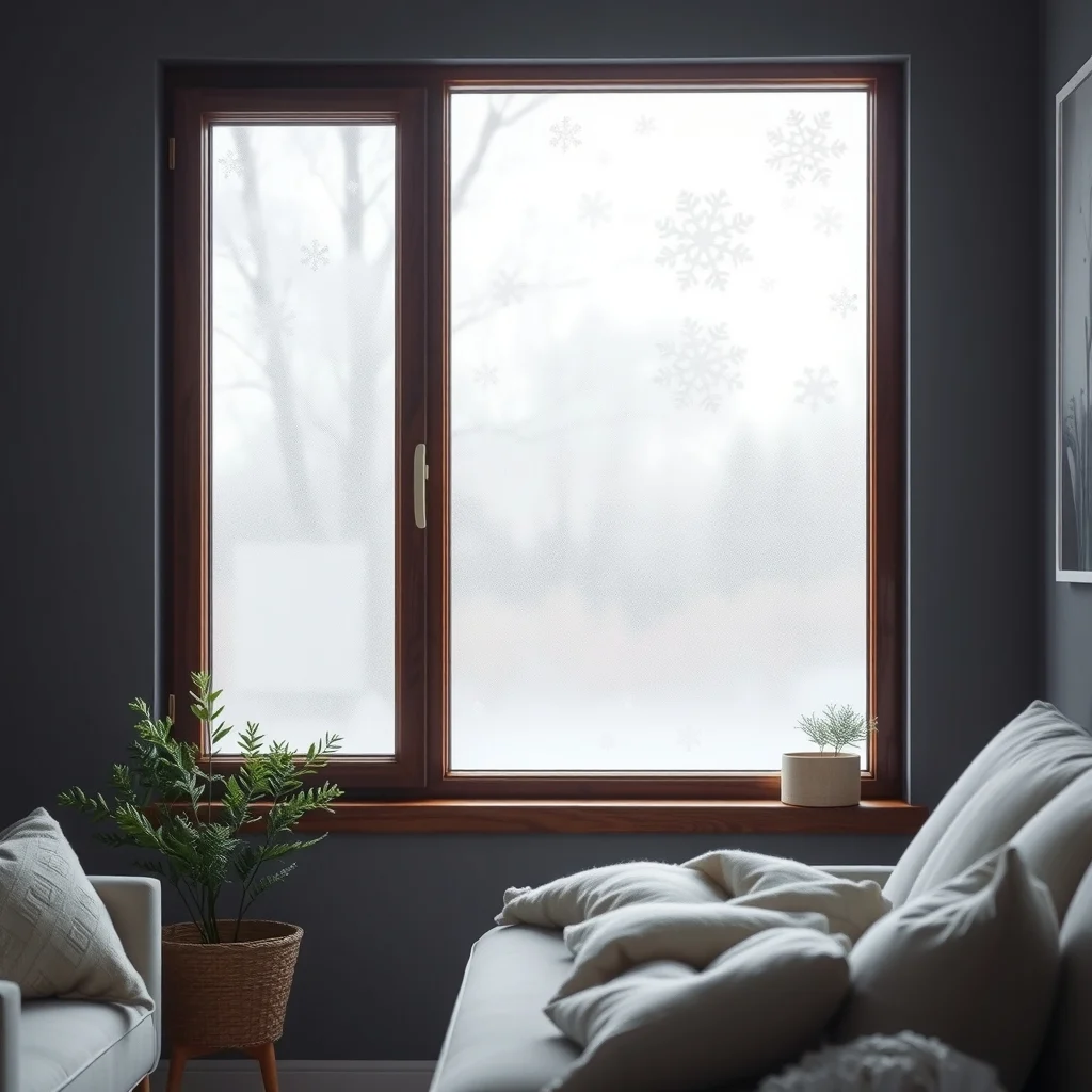 Close up of a frosted glass pane adorned with delicate snowflake decals scattered across the surface subtle white patterns catch the pale winter light set against a dark walnut window frame and muted gray walls