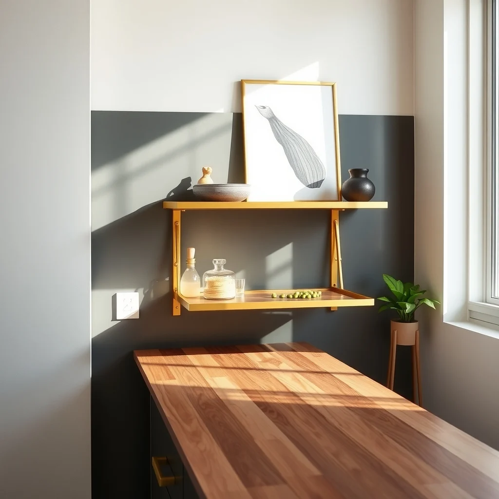 Close up of a minimalist wall mounted fold down table in brushed brass opened against a charcoal gray backsplash natural daylight streams from a nearby window highlighting the smooth walnut countertop