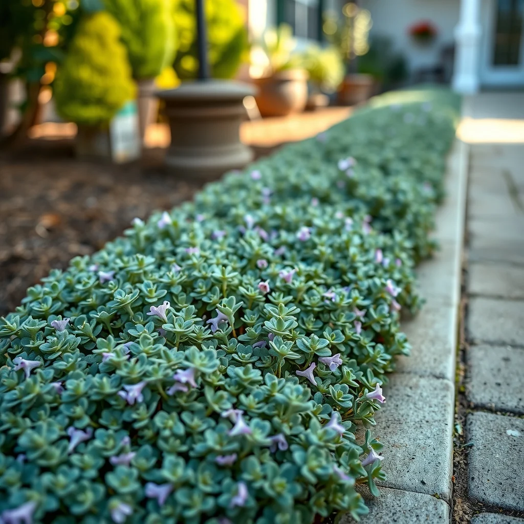 Close up of a narrow strip of creeping thyme groundcover silvery green foliage dotted with tiny purple flowers early morning light creates a dewy glow emphasizing the soft living border texture