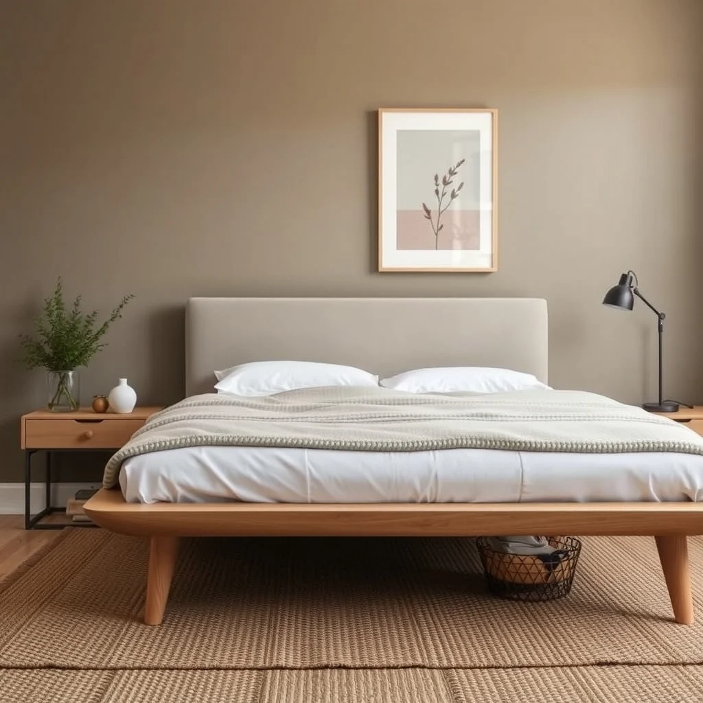 Close up of a sleek wooden platform bed with a slim upholstered headboard set on a natural fiber jute rug soft low pile texture invites touch while muted taupe walls keep the scene airy