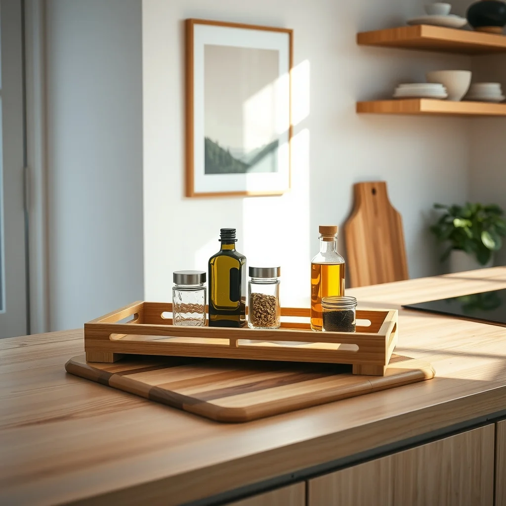 Close up of a tiered bamboo tray on a light oak countertop maple cutting board beneath olive oil bottle spice jars soft morning light highlighting natural grain minimalist kitchen vignette
