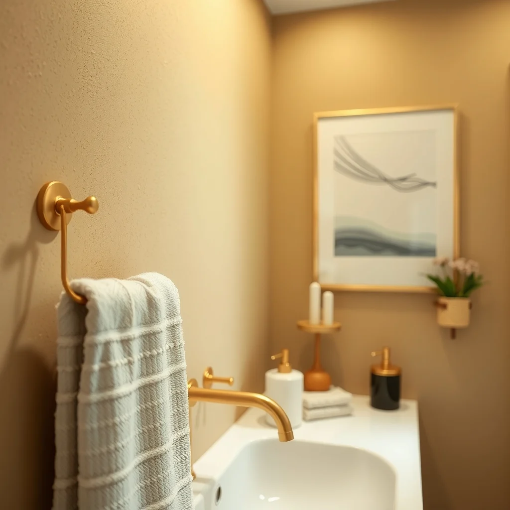Close-up of brushed brass faucet towel bar and soap dispenser against warm greige wall subtle texture reflects soft ceiling LED glow highlighting the metallic richness that elevates the modest bathroom