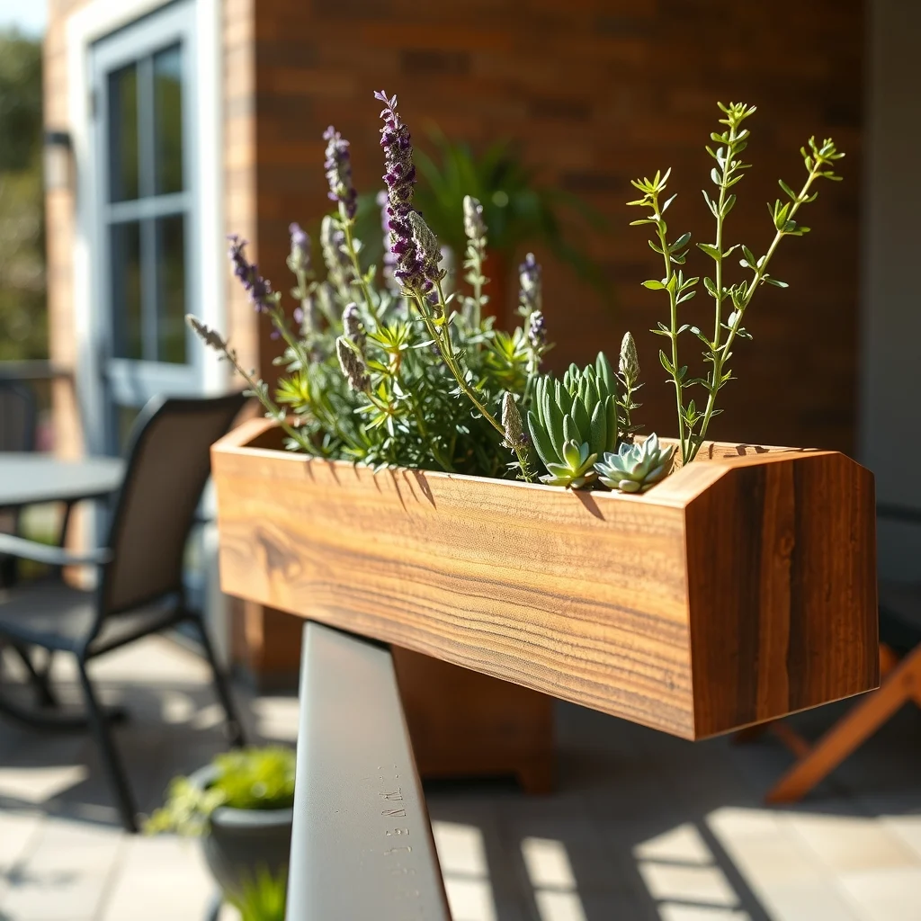 Close up of cedar wall mounted planter on patio rail filled with thyme lavender and tiny succulents earthy wood contrasts with fresh green foliage bathed in bright spring sunlight