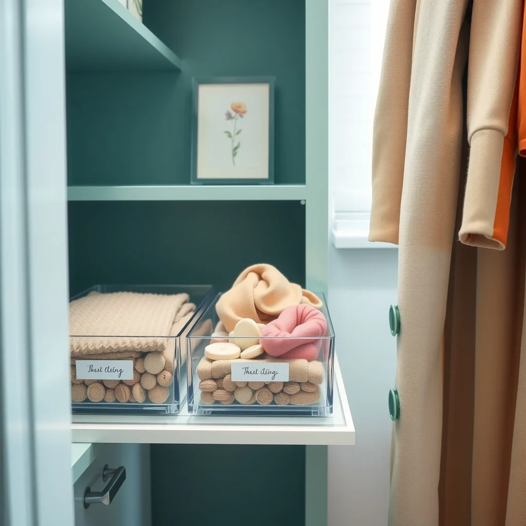 Close up of clear acrylic pull out bins on low friction runners nestled in a pastel teal closet shelf gentle LED strip lighting highlights buttons scarves and pastel accessories with a tiny botanical illustration on the bin label