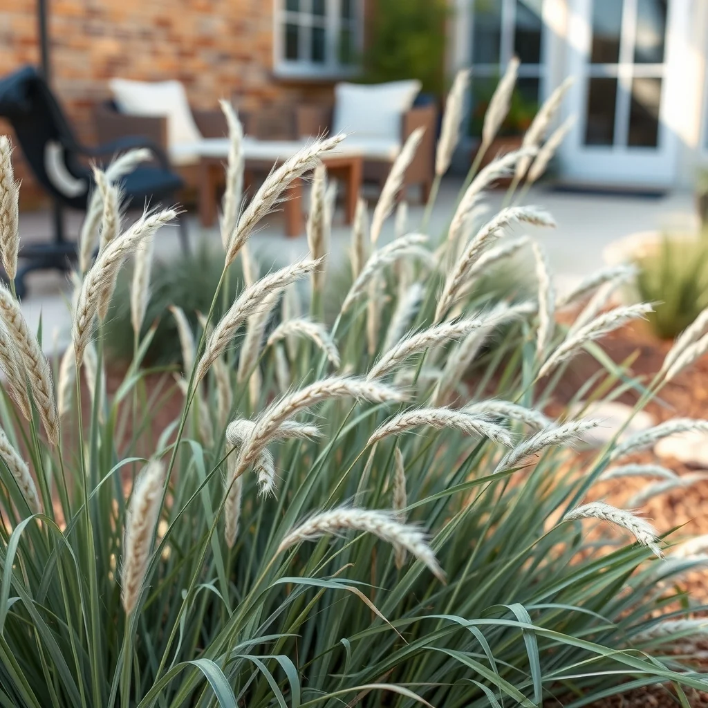 Close up of native grass clumps little bluestem switchgrass fountain grass in breezy afternoon light silvery green blades trembling set against a backdrop of warm earth tones gentle depth