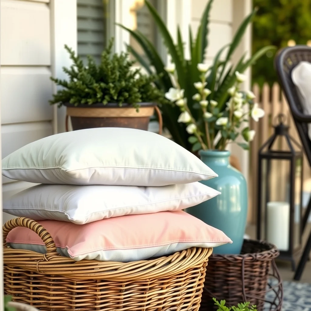 Close up of pastel accessories sage blush and pale lavender throw pillows stacked on a wicker basket a ceramic teal vase and a weather proof lantern bathed in gentle morning glow