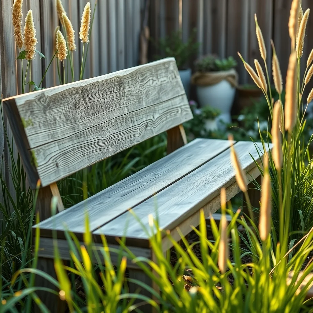 Close up of reclaimed barn plank bench nestled in garden corner weathered oak with oil finish mossy edges soft golden hour light modern cottage vibe surrounded by low grasses