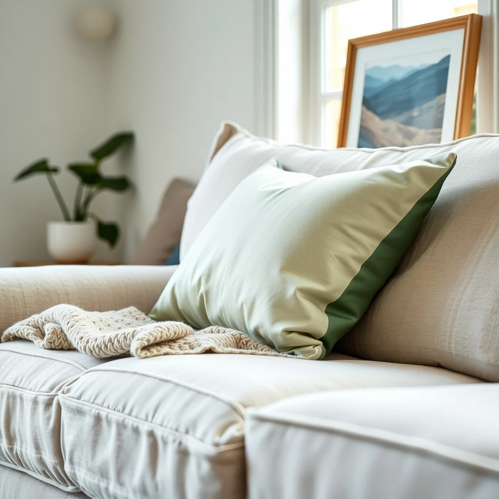 Close-up of sofa with linen slipcover crocheted throw silk pillowcase muted sage ivory deep teal soft natural light from window textured contrast