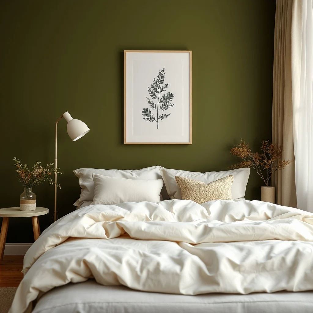 Close-up vignette of deep olive accent wall behind creamy linen duvet ivory pillows soft ambient lamp glow subtle pine branch botanical print muted floor rug