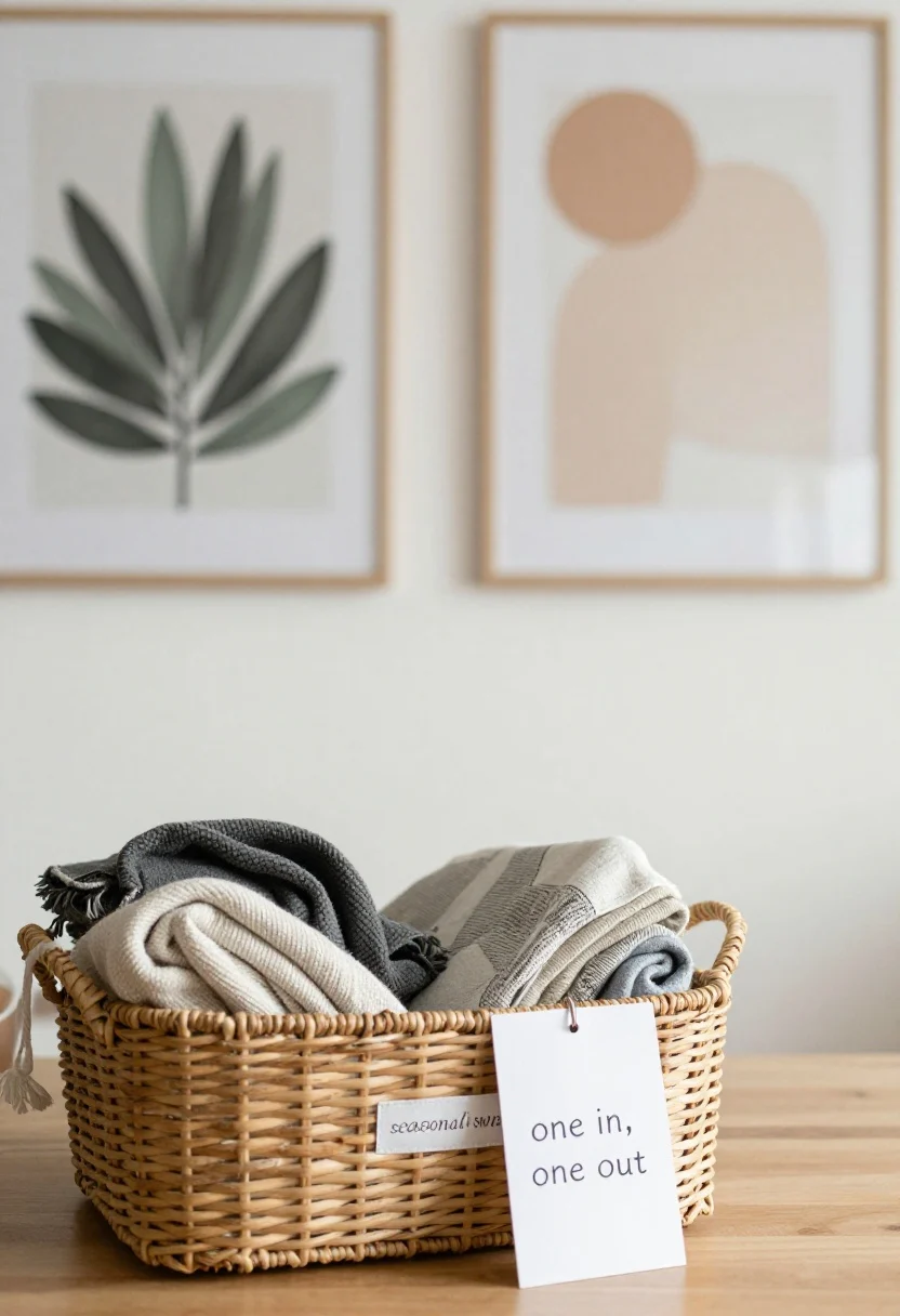 boho bedroom decor ideas - Closeup detail: Intentional editing vignette—an open woven storage bin labeled