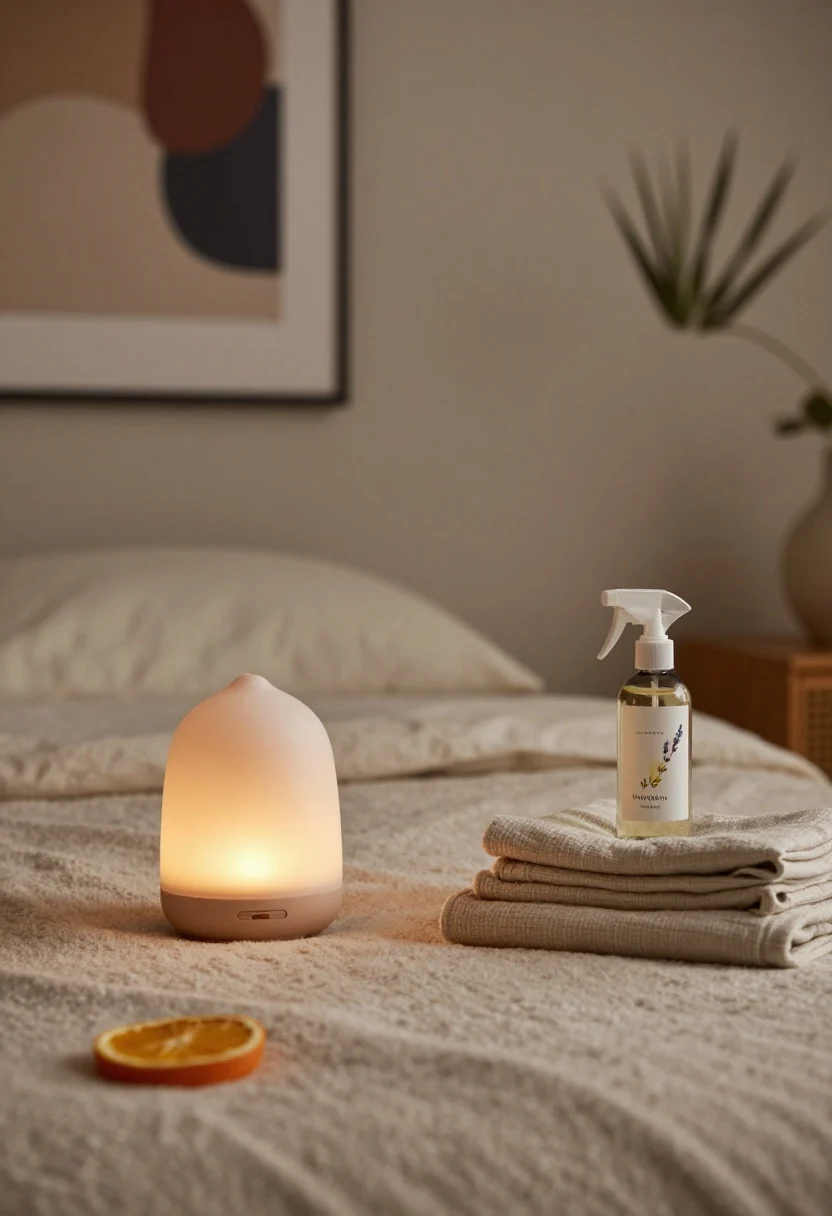 boho bedroom decor ideas - Closeup detail: Sensory coziness vignette—ceramic diffuser, a cedarwood/vanilla/sweet orange blend