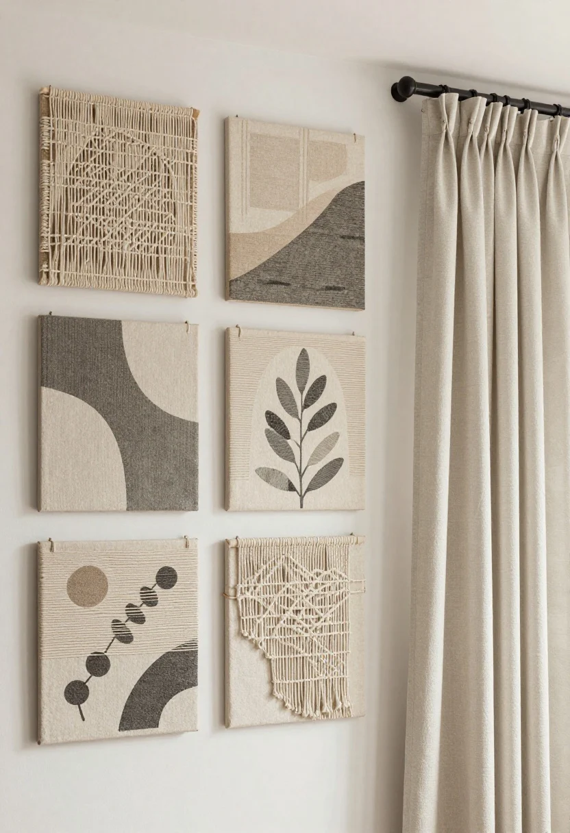 boho bedroom decor ideas - Closeup detail: Textiles as art—neutral macrame and woven wall hangings