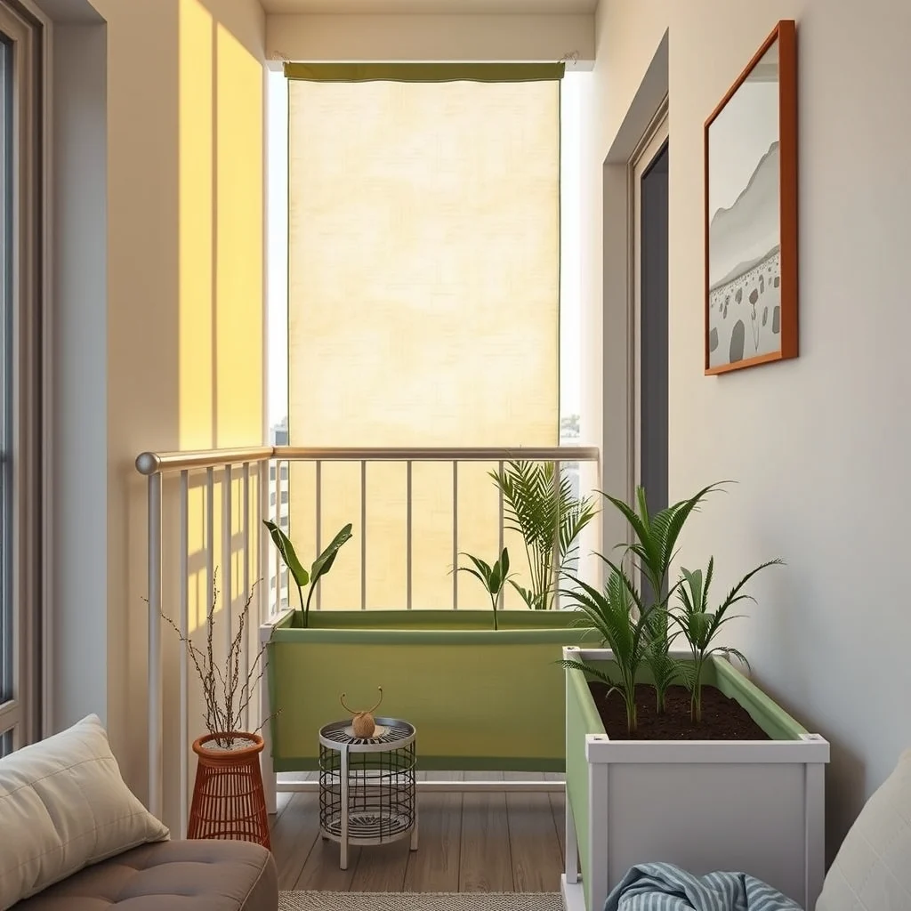 Compact balcony corner with tiered fabric lined raised beds pastel green UV fabric brushed aluminum supports white railings sunrise glow reflecting off metal modern minimalist style close up of fabric texture and soil