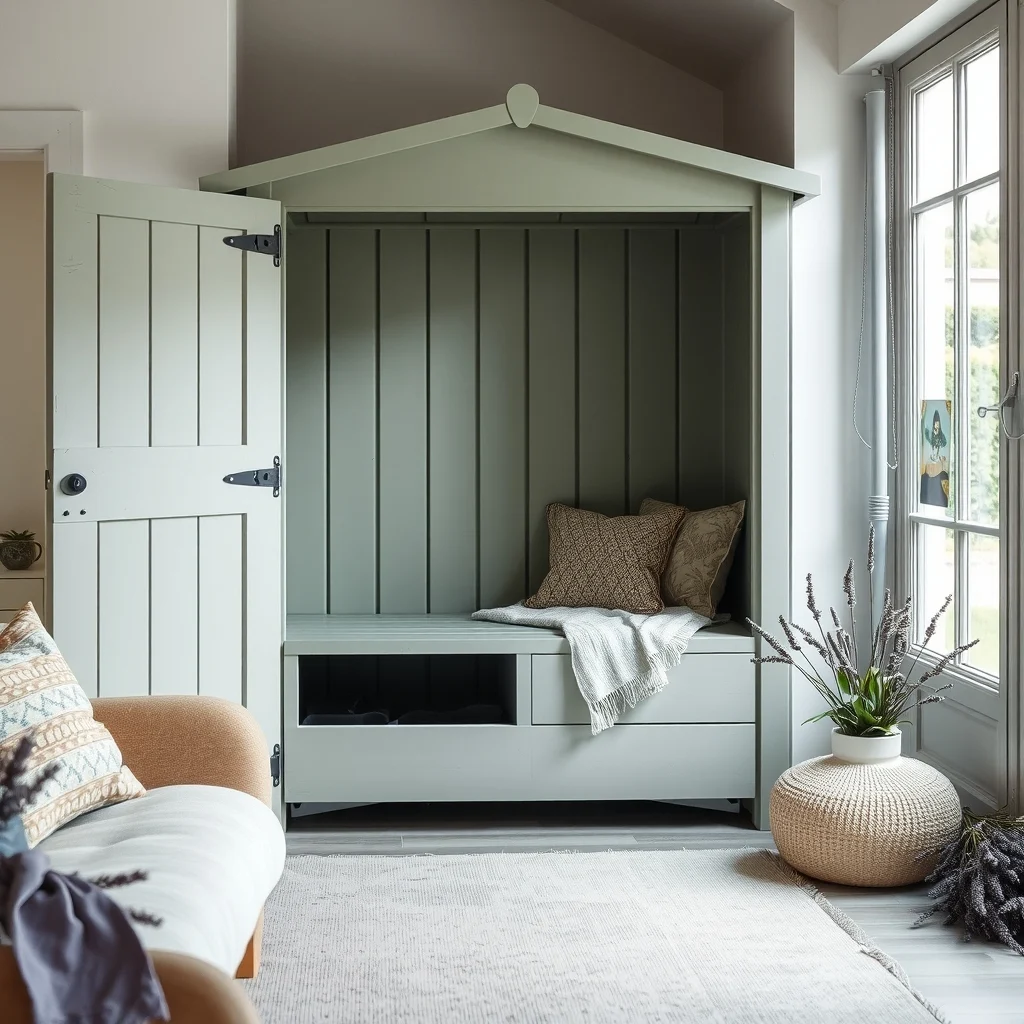 Compact garden shed painted muted sage integrated bench with hidden storage compartment weathered metal latch subtle moss edging surrounded by lavender sprigs maintaining a clean understated aesthetic