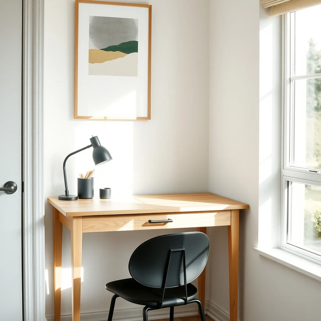 Compact pine desk folded down in a corner nook sleek metal hinges visible natural light streams from nearby window matte black chair tucked underneath minimalistic abstract typography art above