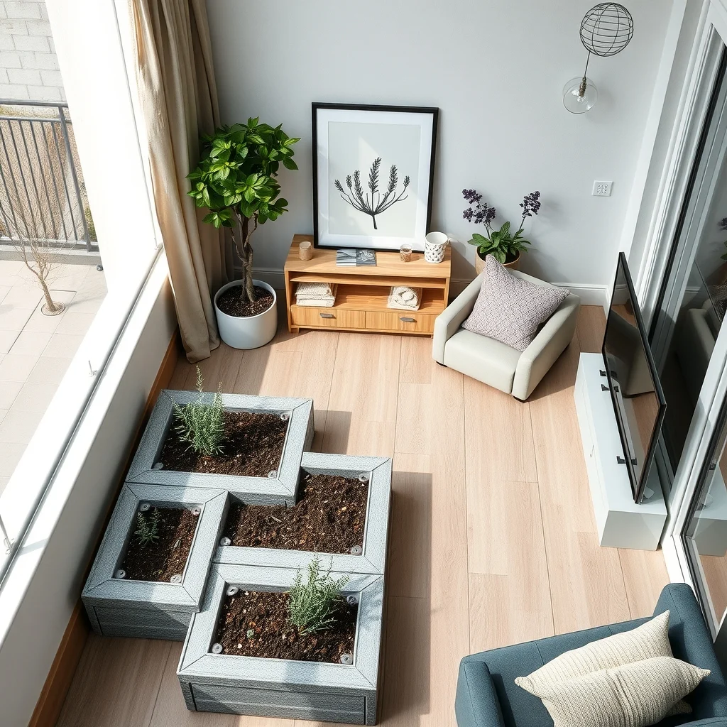 Contemporary balcony featuring interlocking grey composite modular raised beds arranged in an irregular L shape shallow soil supports rosemary and thyme soft diffused daylight highlights texture top down perspective