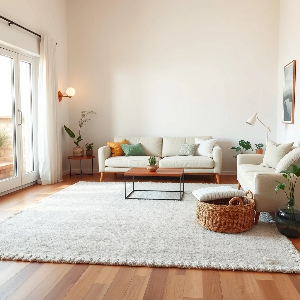 Contemporary living area rectangular ivory-and-soft gray rug stretching beyond cream sofa anchoring space low wooden coffee table woven basket warm amber lighting subtle landscape abstract art on adjacent wall