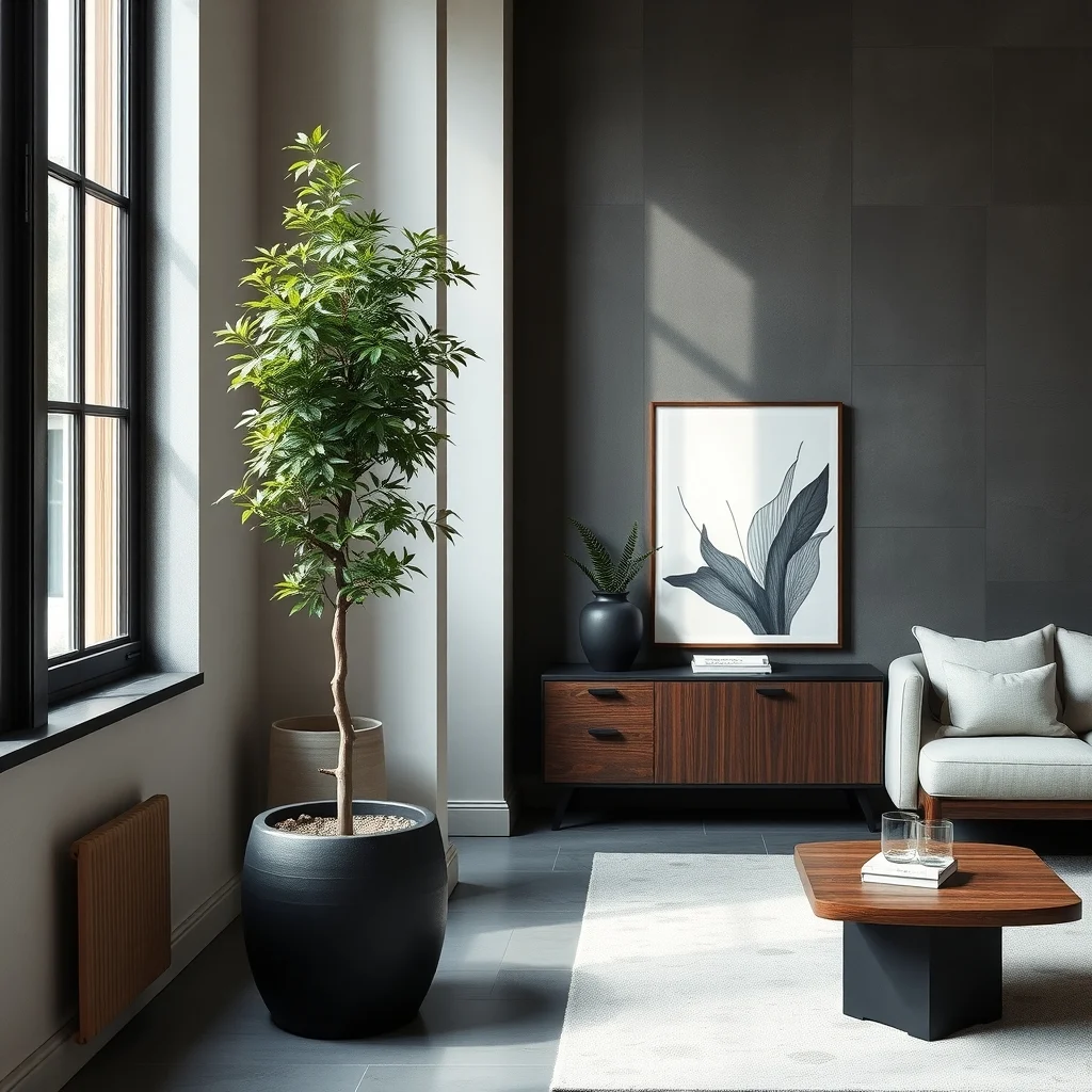 Contemporary lounge featuring a tall matte black ceramic pot housing a Japanese maple its deep green forming a vertical line against a slate wall soft natural light streams from a nearby window emphasizing architectural presence