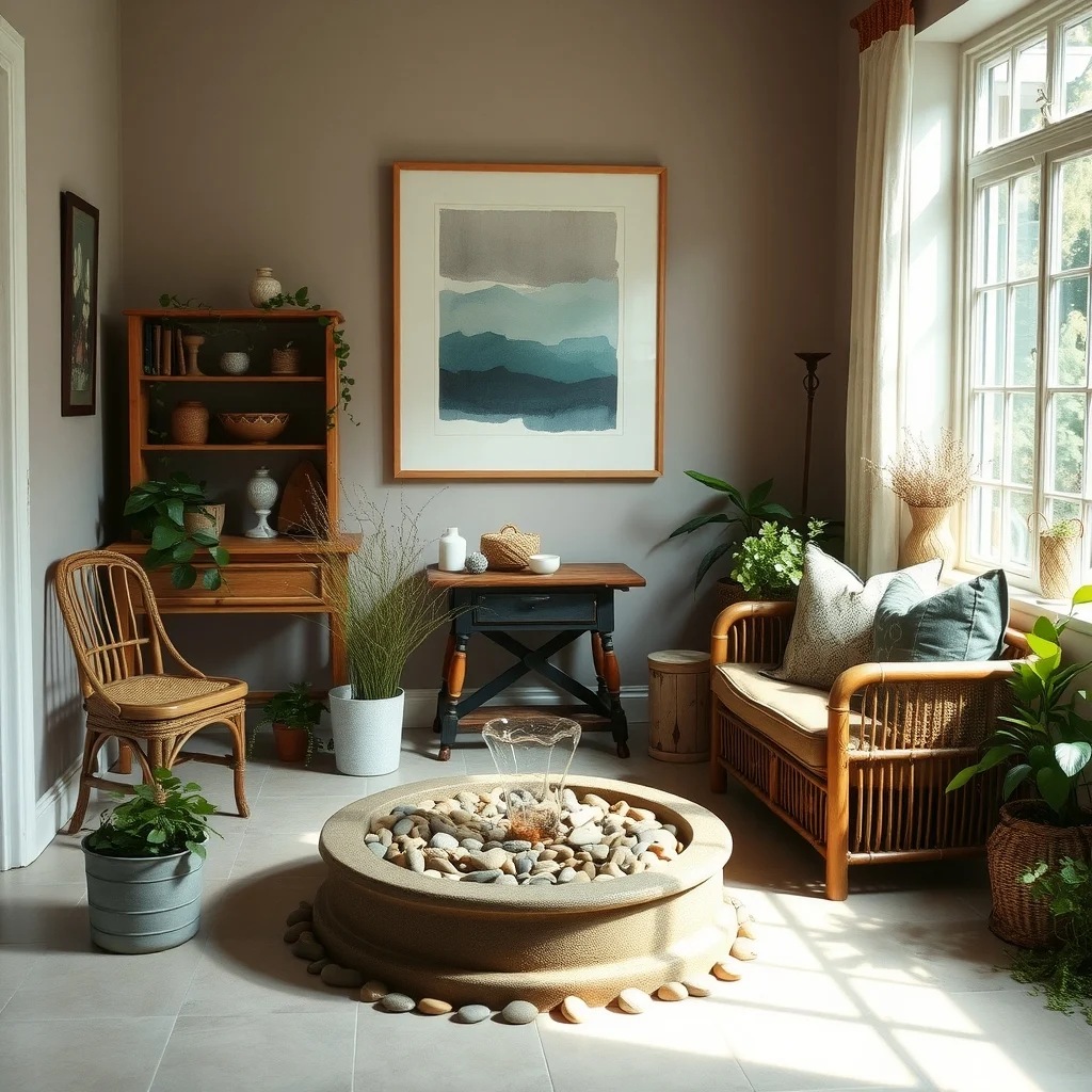 Cottage Garden Ideas for a Romantic and Colorful Outdoor Space interior: 5. A Small Water Feature with Pebble Basin - Even a modest fountain can add the gentle sound of moving water that enhances a romantic atmosphere. A basin lined with river stones works well because the stones reflect light and keep the water cool,
