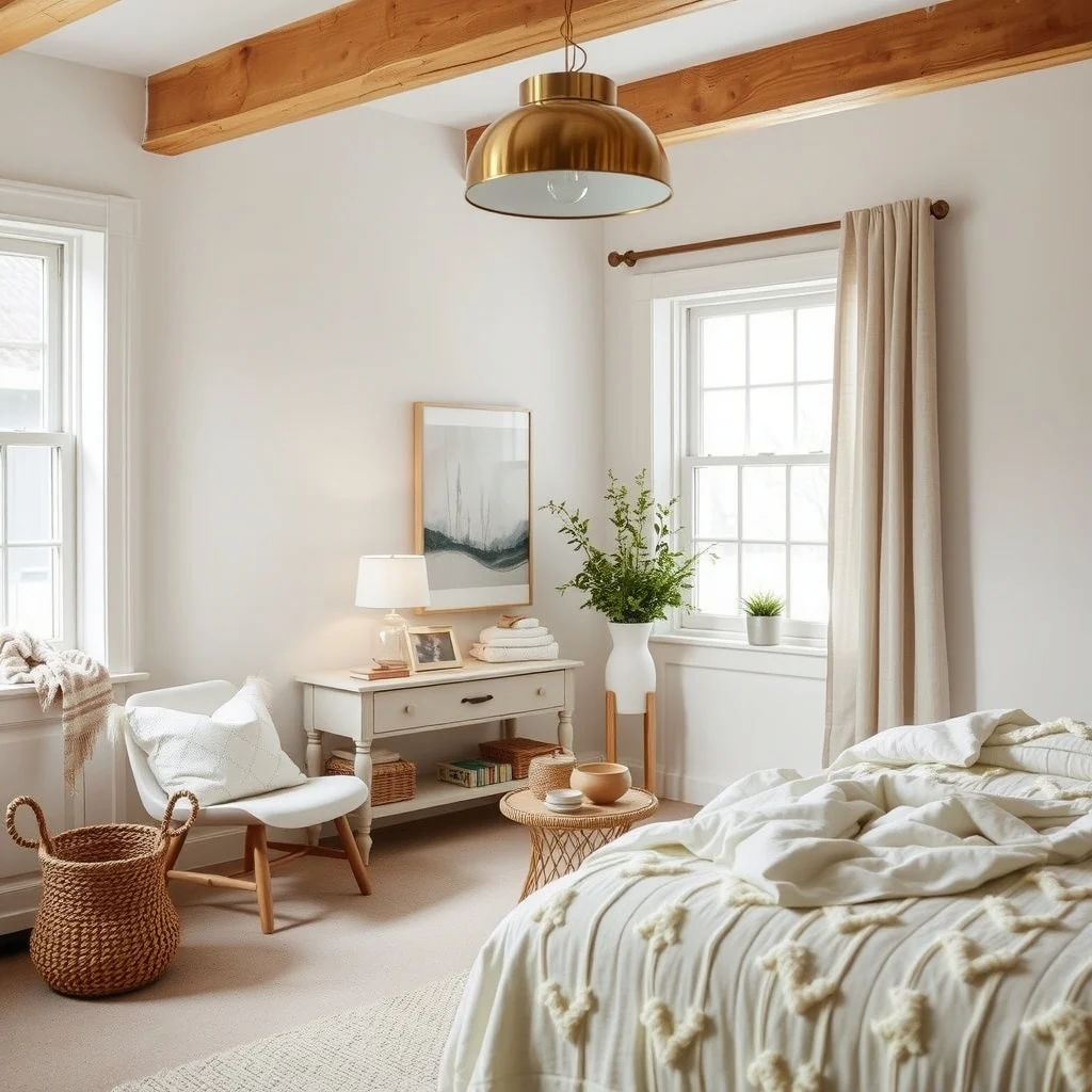 Cottagecore Bedroom Ideas for a Soft and Romantic Winter Look interior: 3. Add Layered Lighting with Warm‑Toned Fixtures - Winter evenings benefit from a thoughtful lighting plan that mimics the glow of a hearth. Begin with a soft overhead fixture—perhaps a brushed‑brass pendant with a frosted glass shade—to provide general illumination without harsh glare.