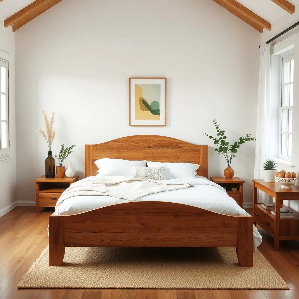 Cottagecore Bedroom Ideas for a Soft and Romantic Winter Look interior: 4. Incorporate Natural Wood Furniture with Soft Curves - Furniture that showcases the grain of reclaimed oak or pine brings an organic anchor to the room. A low, wide wooden bed frame with a slightly curved headboard evokes the feel of an old country