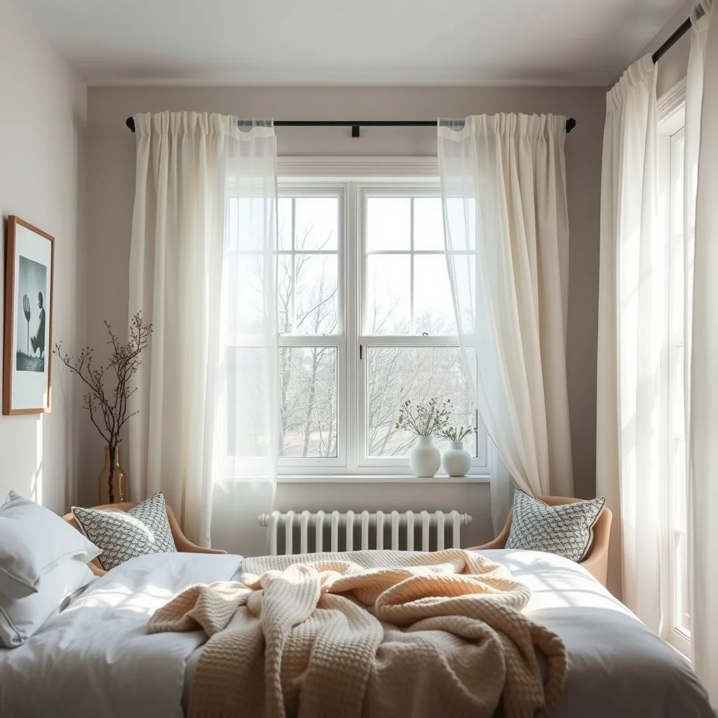 Cottagecore Bedroom Ideas for a Soft and Romantic Winter Look interior: 5. Dress Windows with Sheer, Flowing Curtains - Heavy drapes may feel appropriate for winter, but they also block the limited daylight that brightens a cottagecore bedroom. Sheer curtains made from cotton voile or linen blend allow the soft winter sun to filter