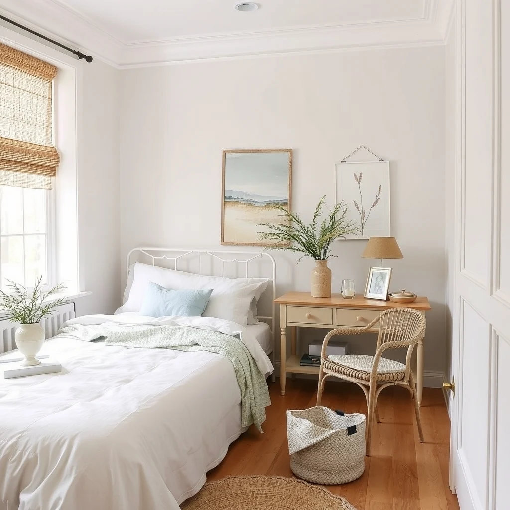 Cottagecore Bedroom Ideas for a Soft and Romantic Winter Look interior: 6. Introduce Botanical Elements with a Subtle Twist - Plants are a cornerstone of cottagecore, yet winter limits the selection of thriving greenery. Instead, opt for dried arrangements—bundles of wheat, dried eucalyptus, or sprigs of rosemary—arranged in a vintage glass jar or a rustic