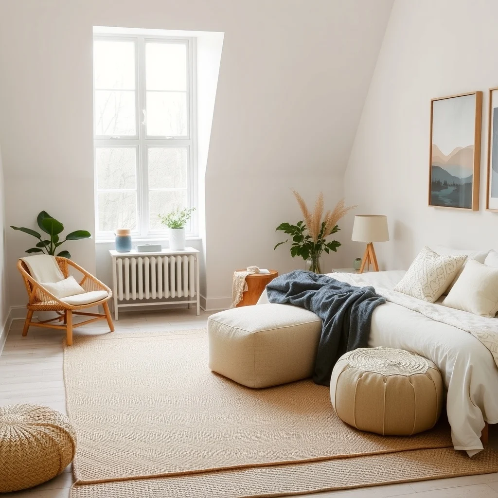Cottagecore Bedroom Ideas for a Soft and Romantic Winter Look interior: 7. Create Cozy Nooks with Soft Rugs and Poufs - A plush area rug anchored at the foot of the bed can define a cozy sitting space without overwhelming the room’s scale. Choose a rug in a natural fiber like jute or a low‑pile wool