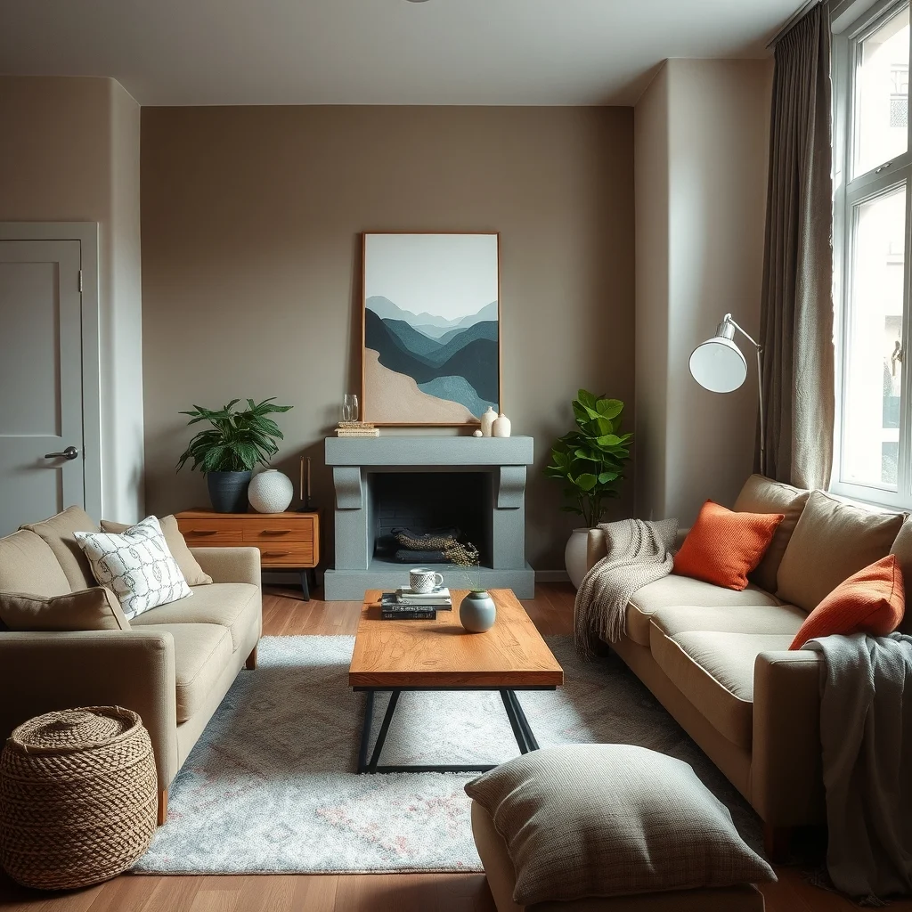 Cozy Apartment Living Room Ideas for Cold Winter Evenings interior: 4. Introduce Natural Elements for Subtle Warmth - Wood, stone, and greenery bring an organic softness that offsets the starkness of winter. A reclaimed‑wood coffee table adds a touch of rustic charm while providing a sturdy surface for mugs and books. Flank the