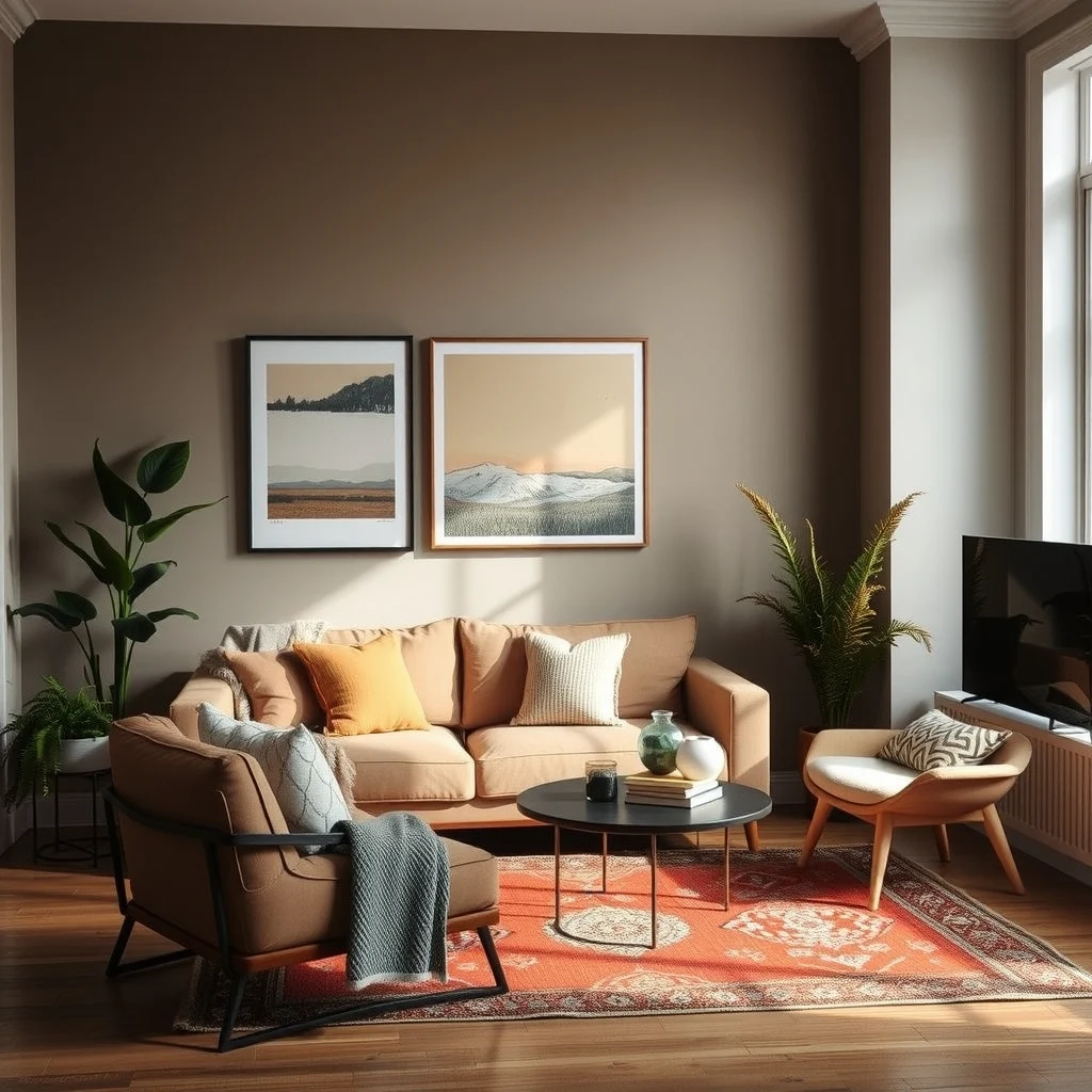 Cozy Apartment Living Room Ideas for Cold Winter Evenings interior: 5. Use Color Strategically to Enhance Warmth - Color influences how we perceive temperature, and a well‑chosen palette can make a room feel snug without adding extra layers. Opt for a wall hue in warm greige, soft terracotta, or muted olive; these shades