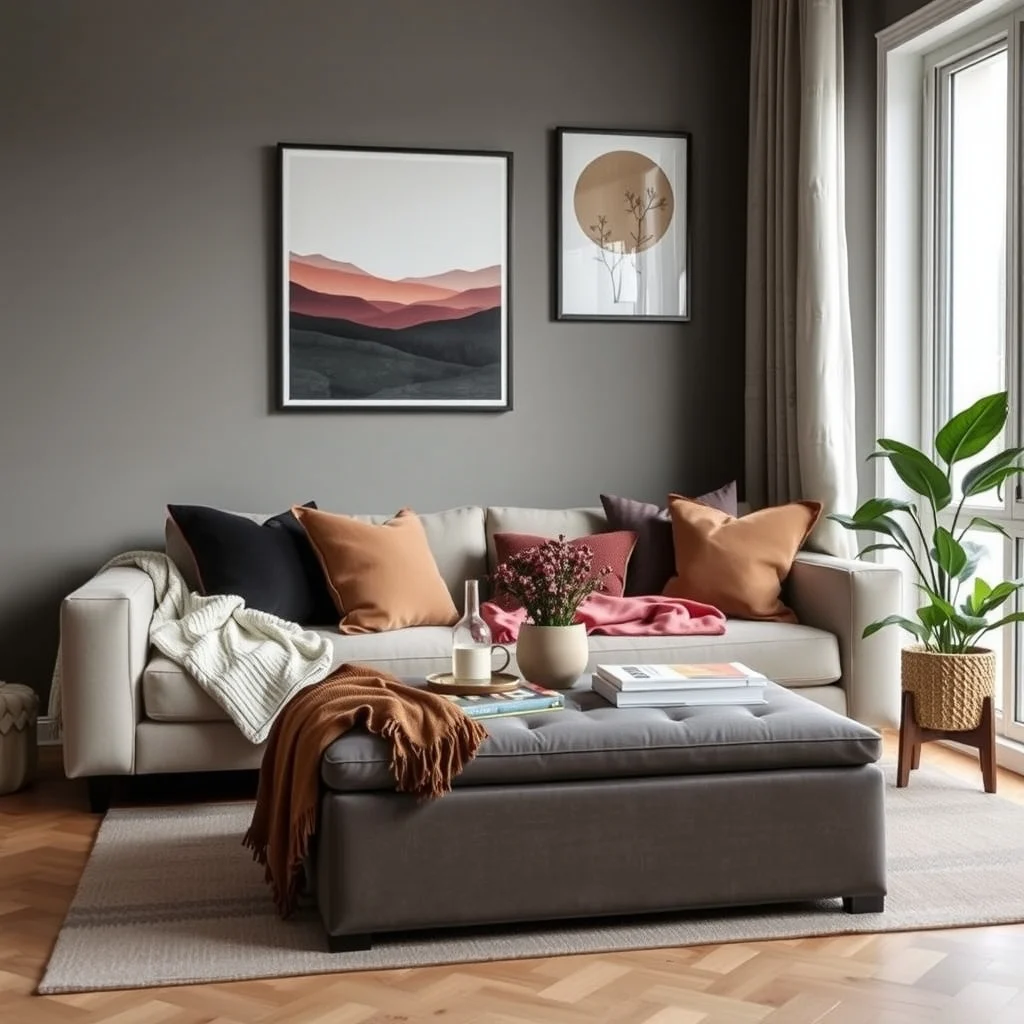 Cozy Apartment Living Room Ideas for Cold Winter Evenings interior: 6. Add Functional Storage That Doubles as Comfort - Winter evenings often involve extra blankets, extra‑large mugs, and extra‑few books. A sleek storage ottoman placed at the foot of the sofa offers a place to stash these items while also serving as a footrest.