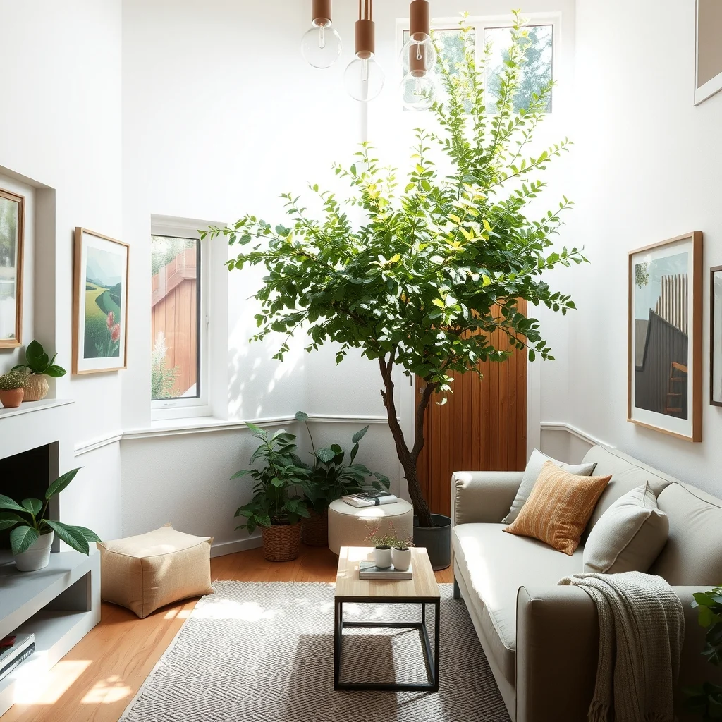 Cozy backyard corner featuring a dwarf apple tree canopy shading hostas