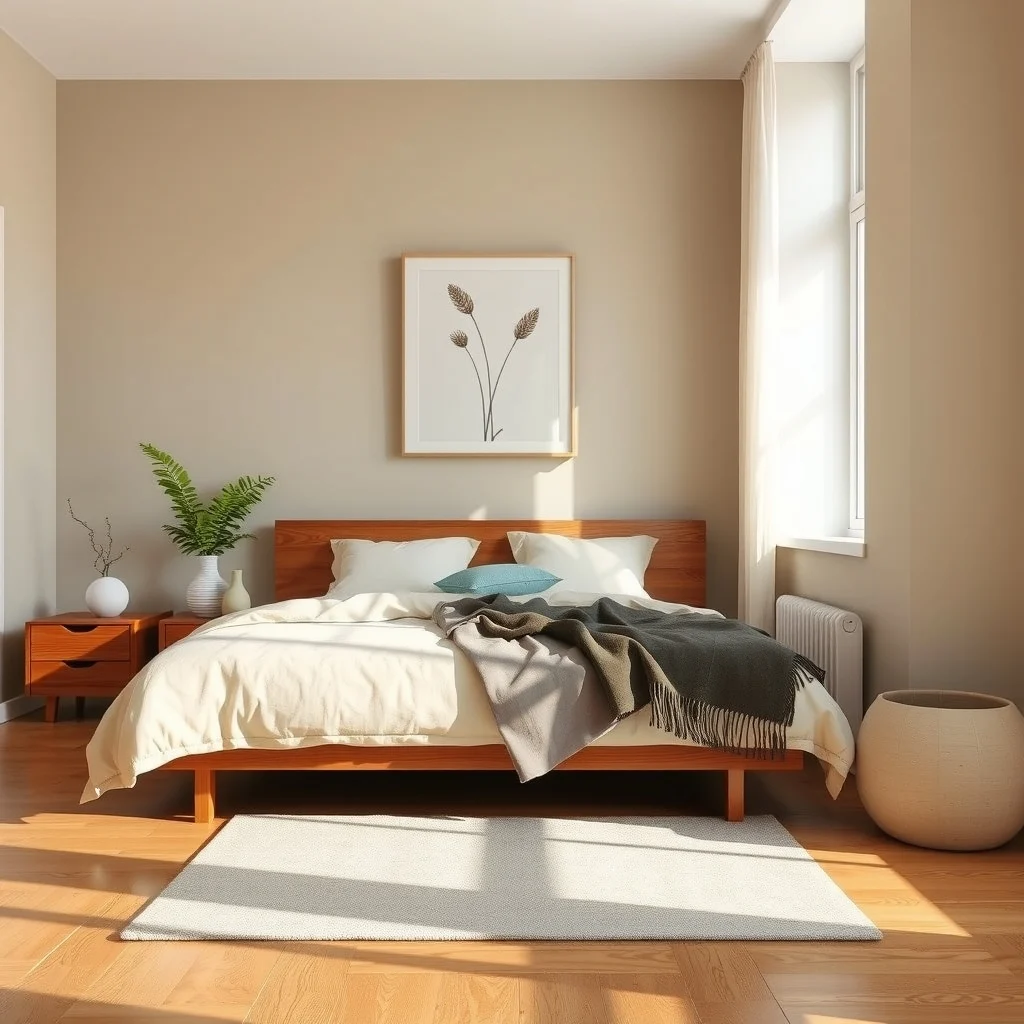 Cozy bedroom wide shot soft greige walls walnut headboard oak nightstands cream linen bedding warm wood floor natural daylight streaming abstract botanical art above headboard