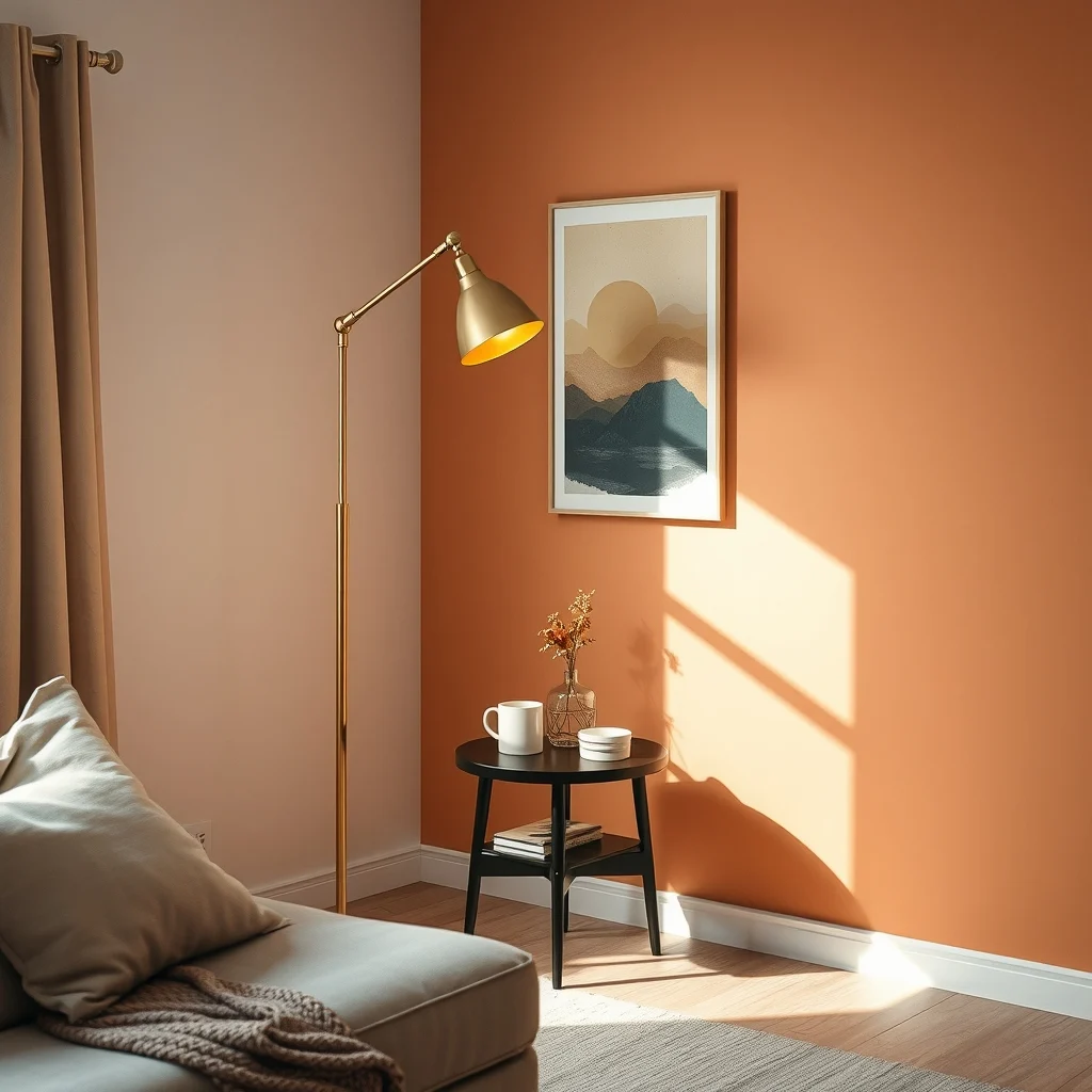 Cozy corner illuminated by a brushed brass floor lamp with dimmable amber LED casting a gentle glow over a matte black side table soft shadows hugging a pastel terracotta wall