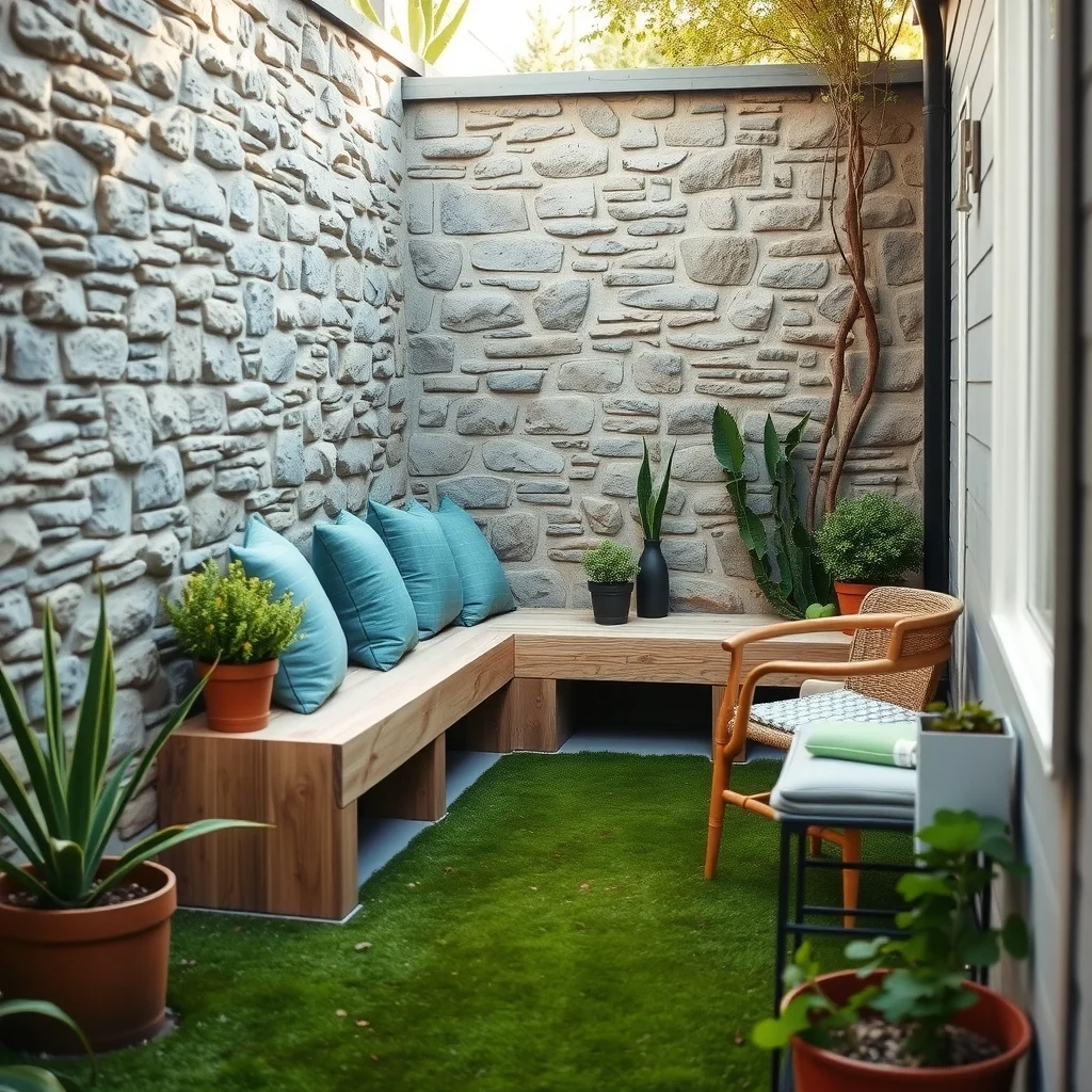 Cozy corner nook in a narrow backyard reclaimed pine built in bench tucked against stone wall soft morning light mossy ground subtle teal cushions minimalist rustic style