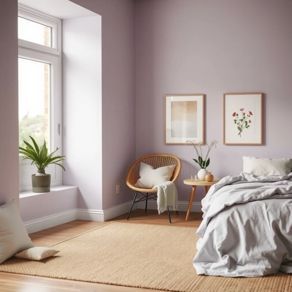 Cozy corner view dusty lavender painted wall jute rug linen duvet rattan side chair pale lavender throw natural light from frosted window botanical watercolor print