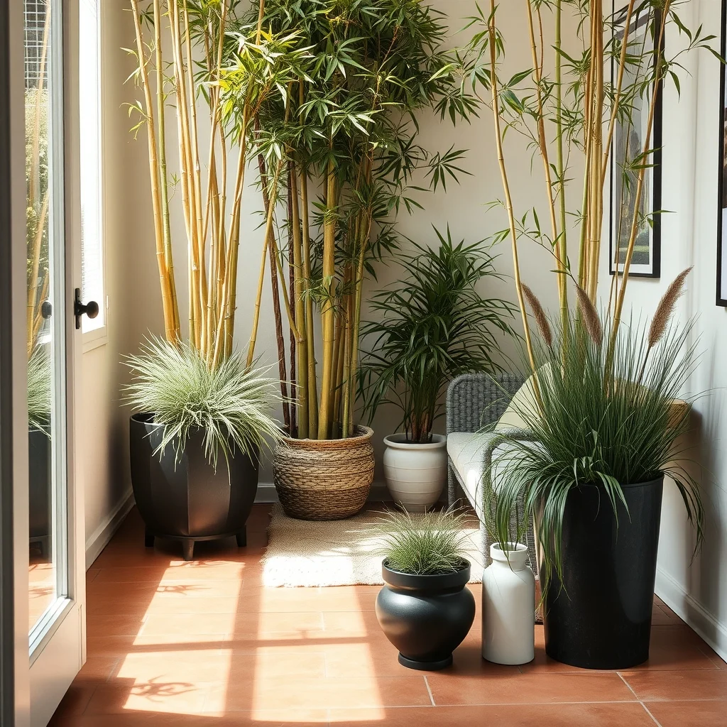 Cozy garden nook surrounded by clustered clumping bamboo slender golden stalks dappled with sunlight matte black metal planters holding ornamental grasses earthy terracotta tiles close up perspective emphasizing texture