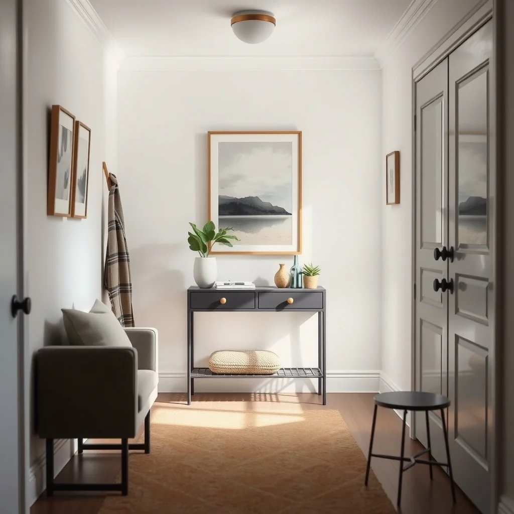 Cozy hallway features a 13 inch deep matte finished narrow console sleek surface holds mail and keys hidden drawers blend seamlessly ambient ceiling light casts