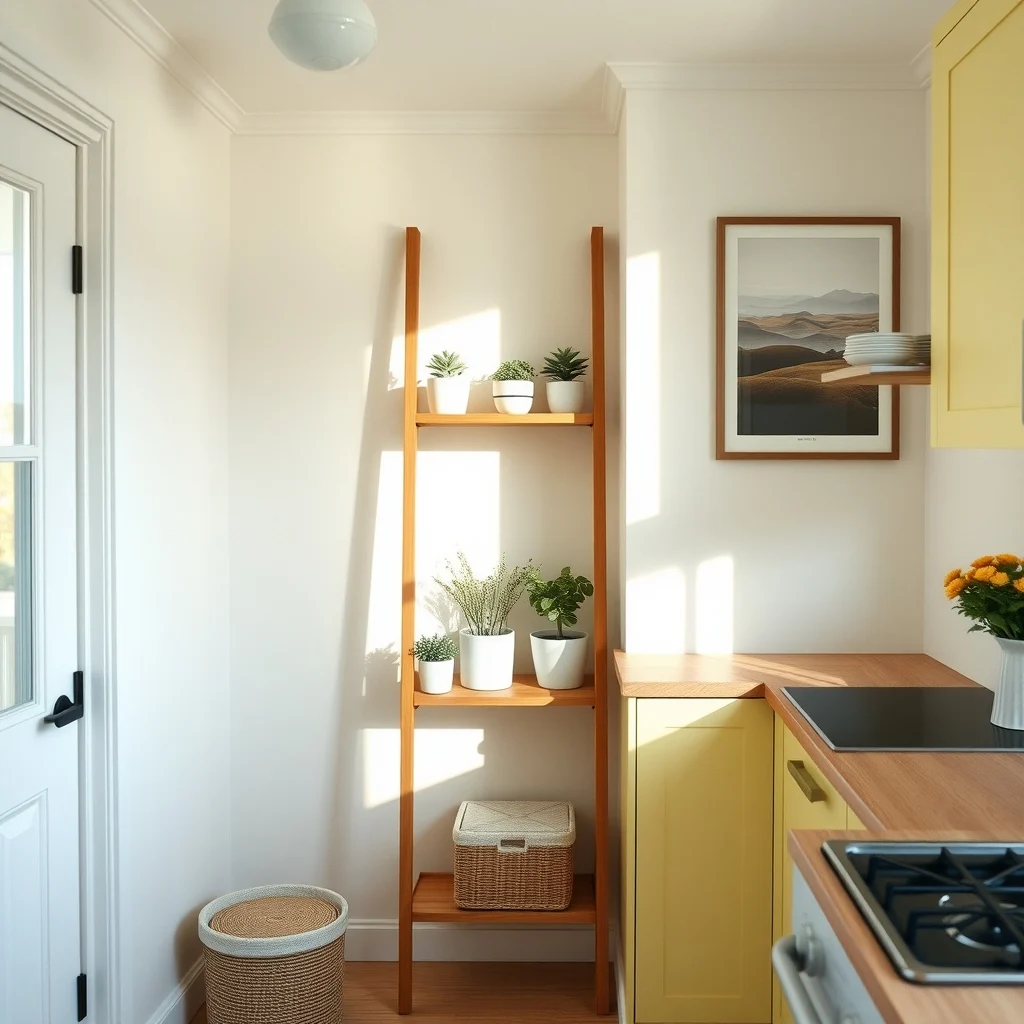 Cozy kitchen nook reclaimed pine ladder turned tiered shelf narrow against pastel yellow cabinets small white ceramic pots hold herbs diffused morning light casts gentle shadows wide angle view