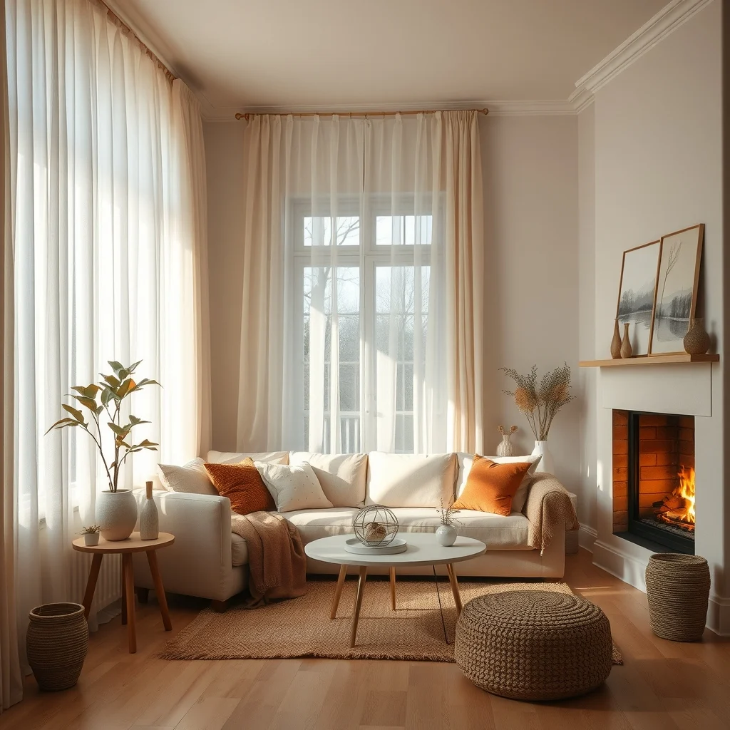 Cozy living room corner ivory linen voile curtains layered over soft undershades diffusing low winter sunlight across a light oak floor warm beige sofa and a faint amber glow from a nearby fireplace